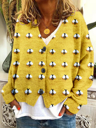 Cute Fuzzy Bee Embroidery Art Cozy Knit Cardigan