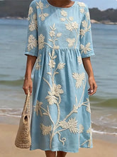 Load image into Gallery viewer, Women's Casual  Round Neck Mid Sleeve Print Cotton and Linen Dress