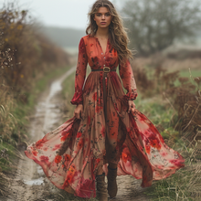 Load image into Gallery viewer, Women's Retro V-neck Floral Long-sleeve Bohemian Pastoral Style Maxi Long Dress