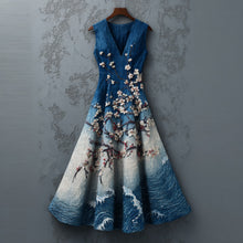 Load image into Gallery viewer, Women's Cherry Blossoms Embroidery And  Waves Gradient Art Linen Maxi Dress