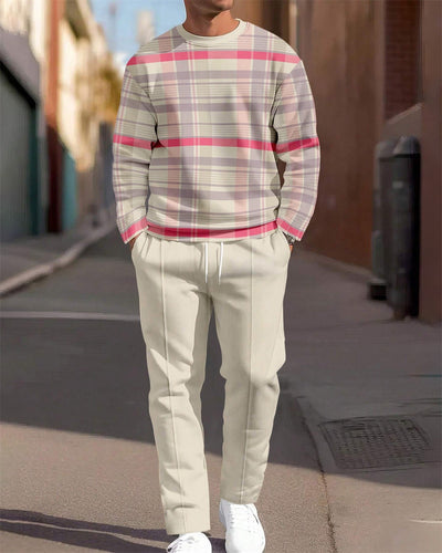 Men's Simple Colorblock Round Neck Casual Sports Set 0187