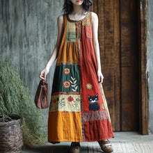 Load image into Gallery viewer, Boho Floral &amp; Cat Patchwork Linen Vest Long Dress af40