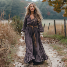 Load image into Gallery viewer, Women's Vintage V-neck Linen Long-sleeve Maxi Long Dress