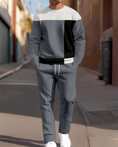 Men's Simple Colorblock Round Neck Casual Sports Set 0196