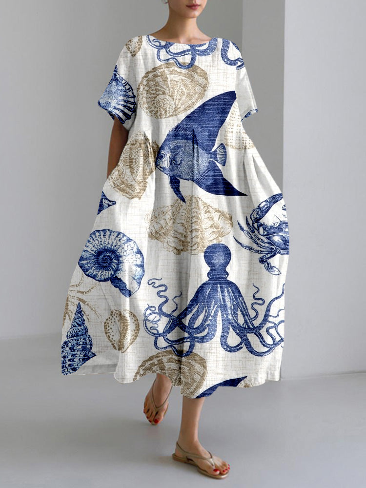 Sea Life Marine Art Pattern Linen Blend Maxi Dress