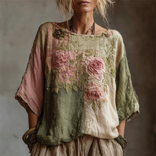 Load image into Gallery viewer, Vintage Pink Roses Embroidered Patchwork Linen Shirt