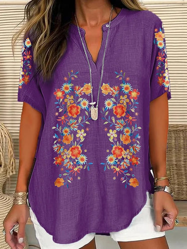 Women's Embroidered Printed V-Neck Loose Short-Sleeved Top