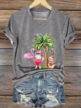 Load image into Gallery viewer, Women&#39;s Christmas Palm Tree Flamingo Print V-Neck T-Shirt