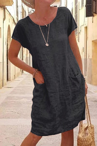 Greattioa-Summer Loose Solid Color Pocket Short Sleeve Round Neck Cotton Linen Dress Women's