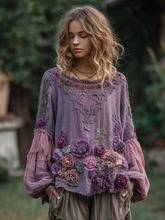 Load image into Gallery viewer, Women's Vintage Purple Floral Embroidery Art Crew Neck Shirt