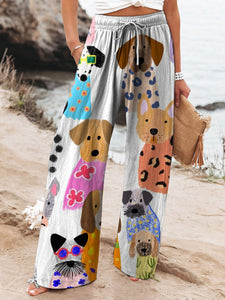 Women's Minimalist Colorful Cartoon Puppy Printed Cotton And Linen Casual Pants