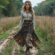 Load image into Gallery viewer, Women's Retro V-neck Plaid Long-sleeve Bohemian Pastoral Style Maxi Long Dress