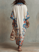 Load image into Gallery viewer, Bohemian Floral Paisley Kaftan Midi Dress In Ivory Blue