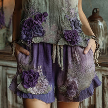 Load image into Gallery viewer, Women's Classic Purple Lavender And Floral Embroidered Linen  V-neck Vest And Linen Shorts Two-piece Set