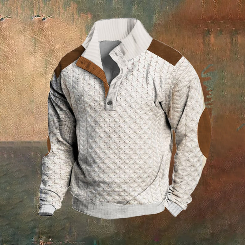 Men's Casual Color Block Knitted Jacquard Stand Collar Pullover Sweatshirt