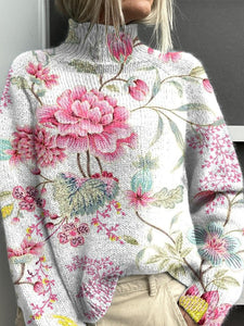 Fresh Solitary Flowers Print Knit Turtleneck Pullover Sweater