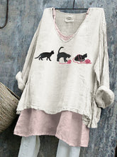 Load image into Gallery viewer, Black Cats With Pink Yarn Balls Embroidered Linen Tunic