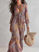 Load image into Gallery viewer, Vintage Paisley Print V neck Dress With Tie Waist