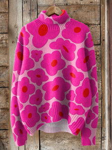 Vibrant Pink Floral Pattern Printed Knit Turtleneck Pullover Sweater