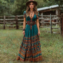 Load image into Gallery viewer, Women's Vintage Western Geometric Print V-neck Short Sleeve Maxi Dress