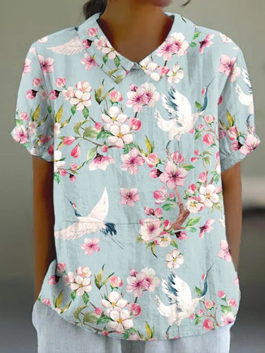 Japanese Sakura Crane Art Retro Short Sleeve Top