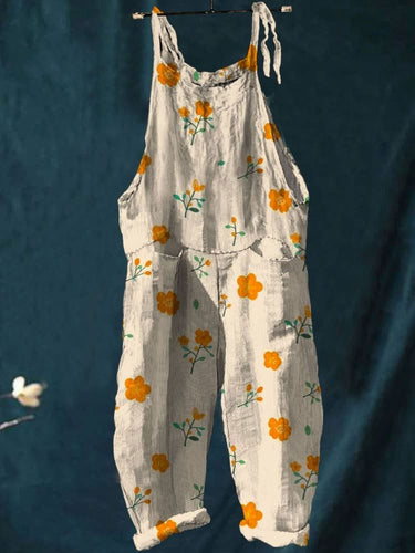 Women's Vintage Lovely Floral Art Print Casual 100% Cotton Wide Leg Jumpsuit