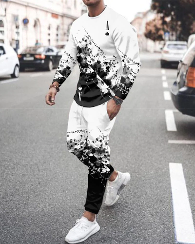 Men's casual gradient print color matching long-sleeved sports set 031