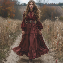 Load image into Gallery viewer, Women's Retro Pastoral Style Lace Long-sleeve Linen Maxi Long Dress