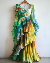 Load image into Gallery viewer, Rainbow Linen Ruffle Daisy Embroidery Irregular Dress 4d6d