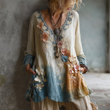 Load image into Gallery viewer, Women's Vintage Floral Embroidery Gradient Linen V-neck Shirt