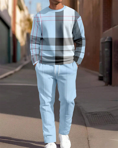 Men's Simple Colorblock Round Neck Casual Sports Set 0199