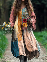 Load image into Gallery viewer, Women's Vintage Bohemian Floral Patch V-neck Cotton And Linen Dress 809e
