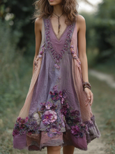 Load image into Gallery viewer, Women's Retro Purple Floral Stitching Casual Sleeveless Dress