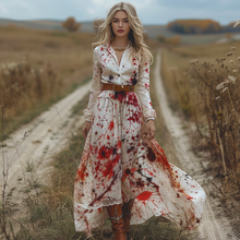 Load image into Gallery viewer, Women's Retro V-neck Pastoral Halloween Party Style Long-sleeve Maxi Long Dress