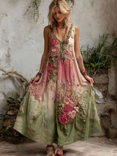 Load image into Gallery viewer, Women Vintage Floral Art V Neck Linen Maxi Dress