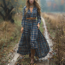 Load image into Gallery viewer, Women's Retro V-neck Plaid Long-sleeve Bohemian Pastoral Style Maxi Long Dress