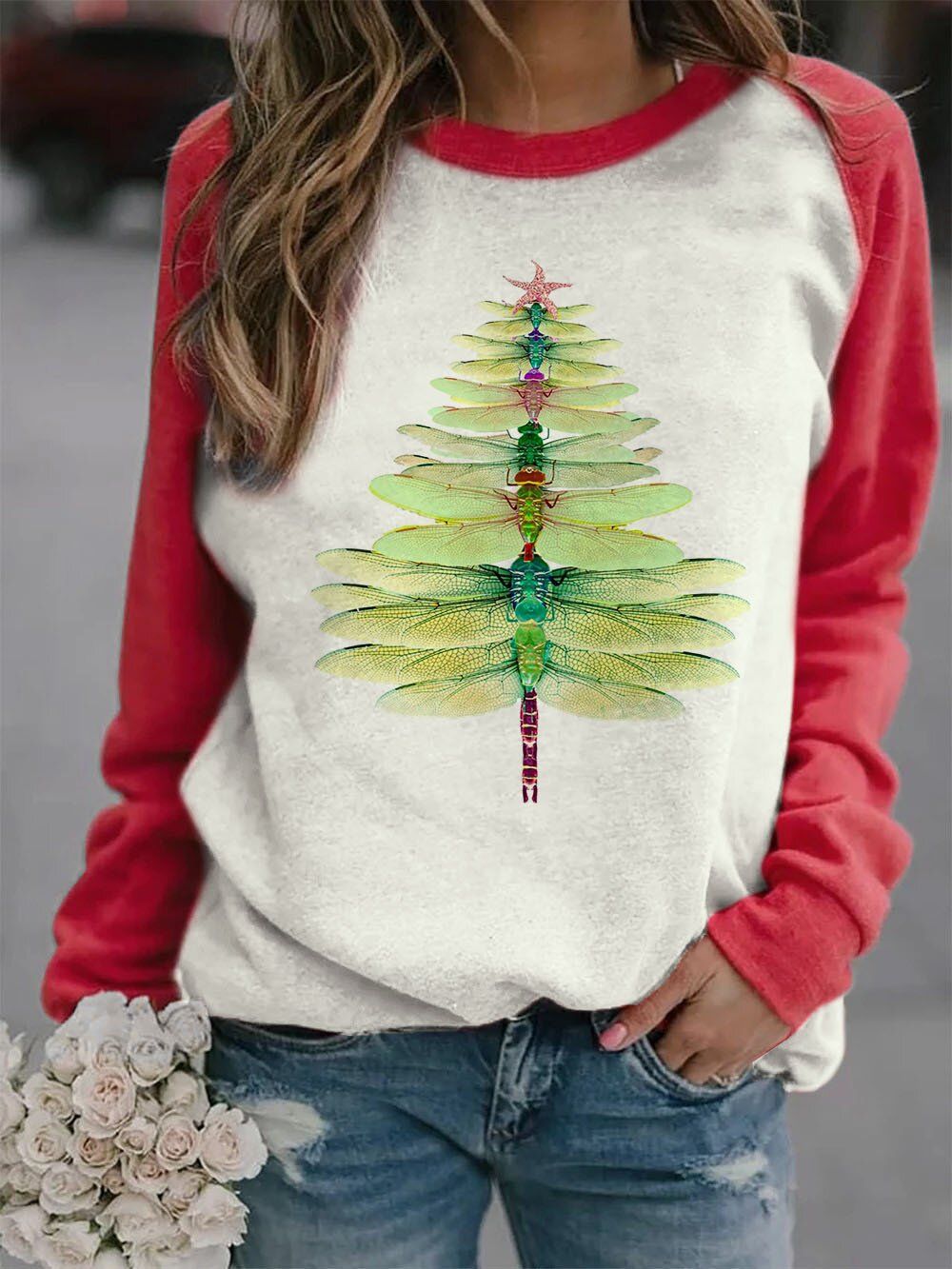 Dragonfly Christmas Tree Print Sweatshirt