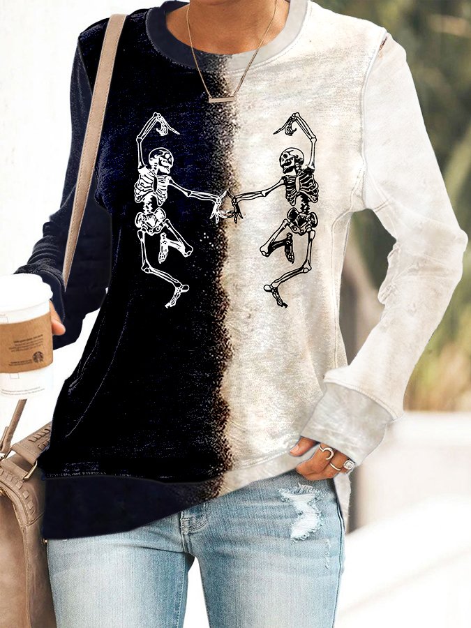 Dance Skull Halloween Print Long Sleeve Casual Top