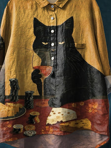 Vintage Funny Cat Art Print Casual Cotton And Linen Shirt