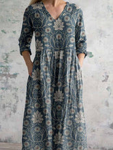 Load image into Gallery viewer, Women&#39;s Elegant Vintage Floral Pattern Cotton and Linen Dress with Pockets