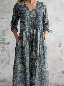 Women's Elegant Vintage Floral Pattern Cotton and Linen Dress with Pockets