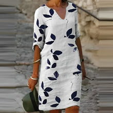 Load image into Gallery viewer, Women's printed linen short sleeve V-neck medium length dress