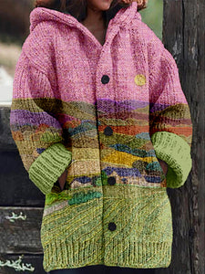 Farm Landscape Felt Art Pattern Cozy Hooded Cardigan