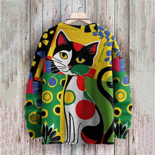 Load image into Gallery viewer, Abstract Art Cat Multicolor Print Casual Pullover Knitted Sweater