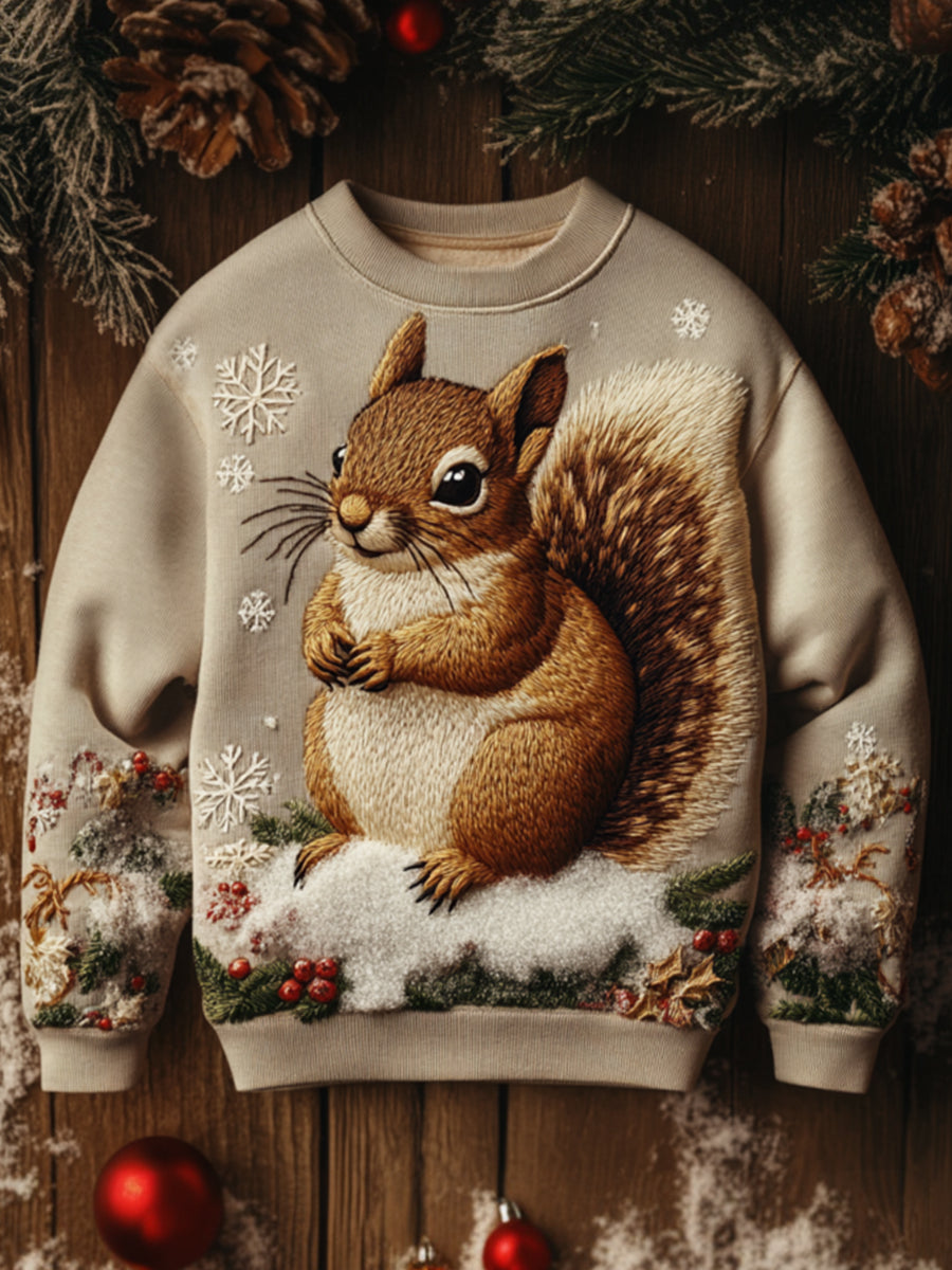 Christmas Squirrel Print Crew Neck Sweatshirt