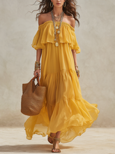 Load image into Gallery viewer, Vibrant Sunflower Yellow Off-the-Shoulder Tiered Chiffon Maxi Dress