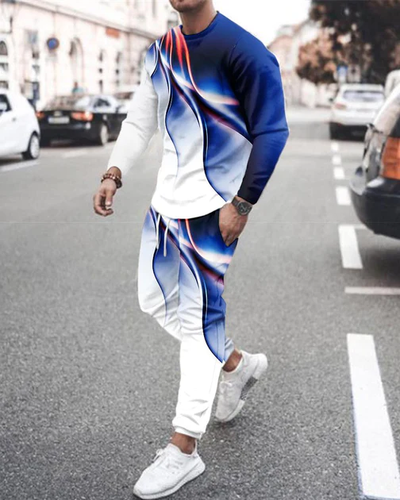 Men's casual color-block print color-block long-sleeved sports set 019