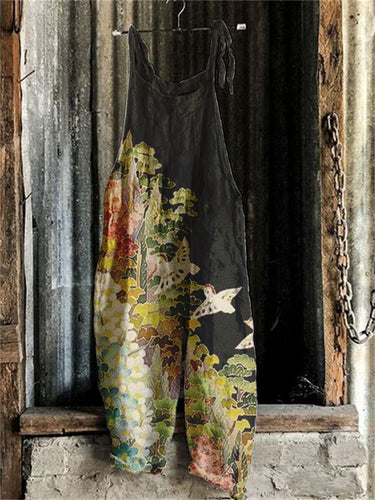 Japanese Art Painting Pattern Linen Blend Loose Casual Jumpsuit