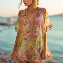 Load image into Gallery viewer, Vintage Boho Floral Embroidery Gradient Women's V-neck Loose Mini Dress