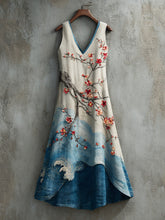 Load image into Gallery viewer, Women's Cherry Blossoms Embroidery And  Waves Art Linen Maxi Dress